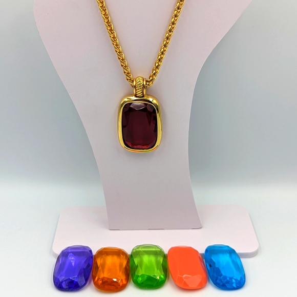 Joan Rivers Necklace Gold Tone 6 Color Changeable Plastic Stones Adjustable 32" - Picture 1 of 14